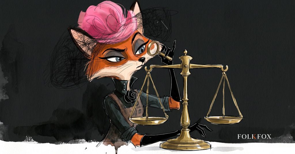 An ink-drawn fox in a folkfox forest beside a chart, illustrating ad verification.