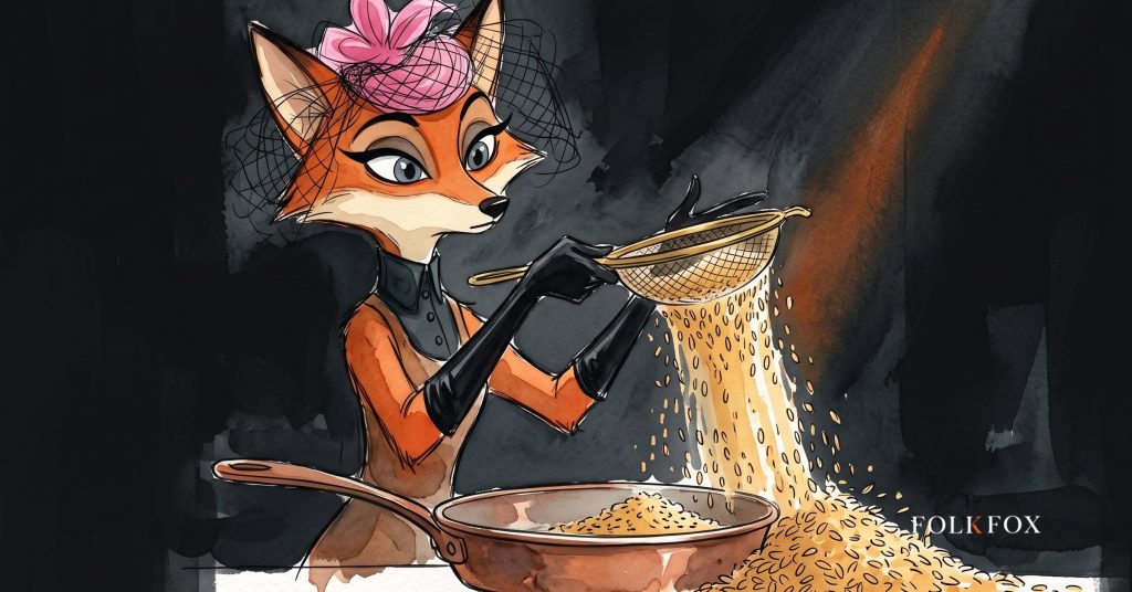 An ink-drawn fox in a folkfox forest beside a gavel, illustrating age assurance.