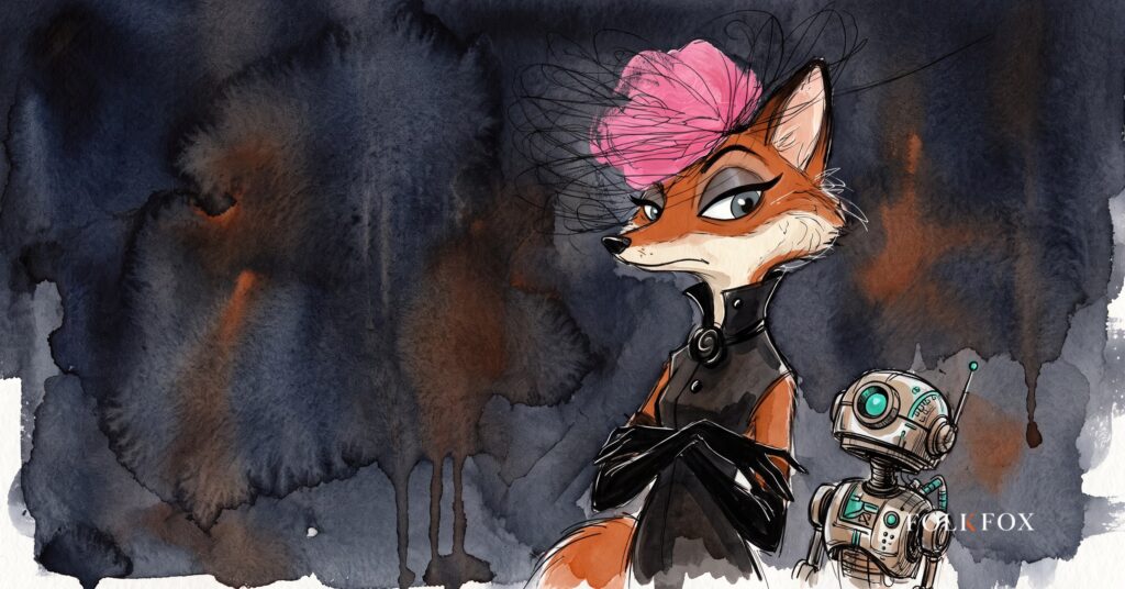 An ink-drawn fox watches a small mechanical fox toy strain at its lead toward a gap in the fence, agentic ai security