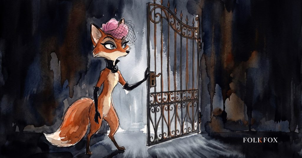 An ink-drawn fox holds a garden gate half open on a moonlit trail, an image for agentic browsing and AI agent access to websites