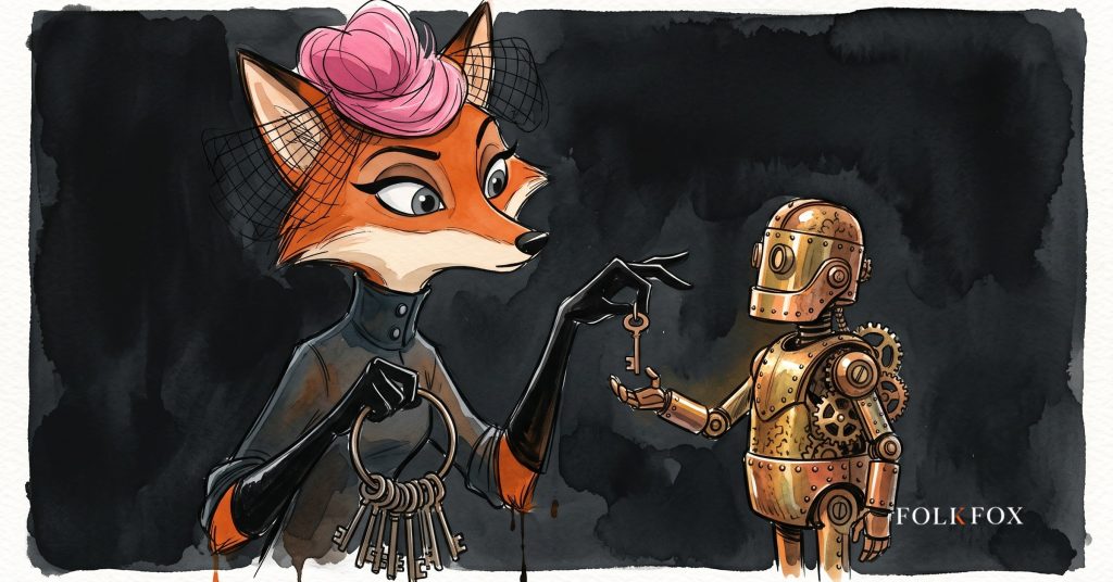 An ink-drawn fox in a folkfox forest beside a keys, illustrating ai advertising agents.