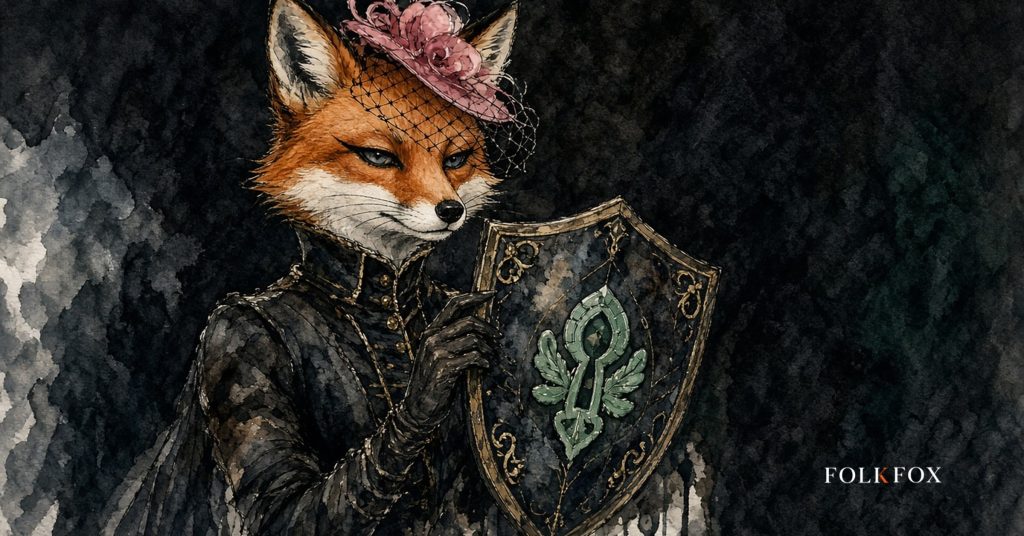 An ink-drawn fox in a folkfox forest beside a shield, illustrating ai content licensing.