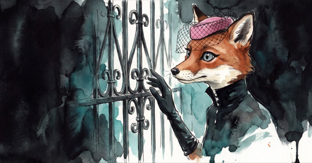 An ink-drawn fox guards a garden gate deciding which visitor may pass, ai copyright lawsuit