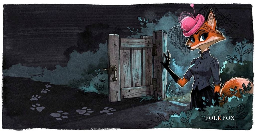 An ink-drawn fox beside an open garden gate in dense undergrowth, watching AI crawlers walk past the sign rather than through the gate