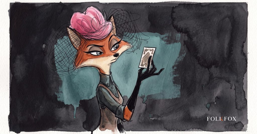 An ink-drawn fox in a folkfox forest beside a gavel, illustrating ai financial advice.