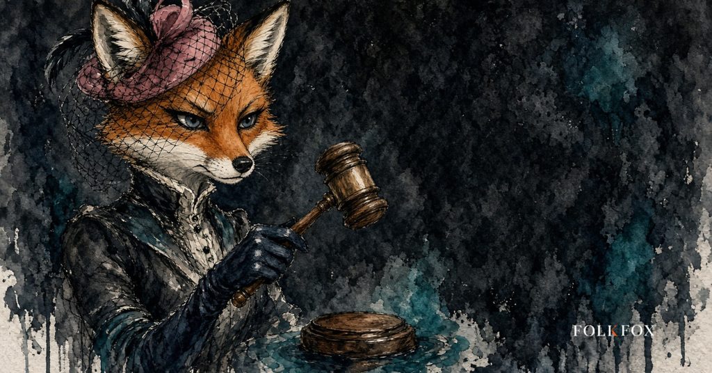 An ink-drawn fox in a folkfox forest beside a gavel, illustrating ai fraud detection.