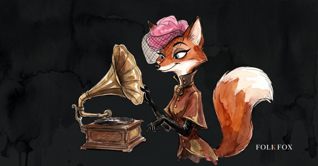 An ink-drawn fox in a folkfox forest beside a gramophone, illustrating ai generated songs.