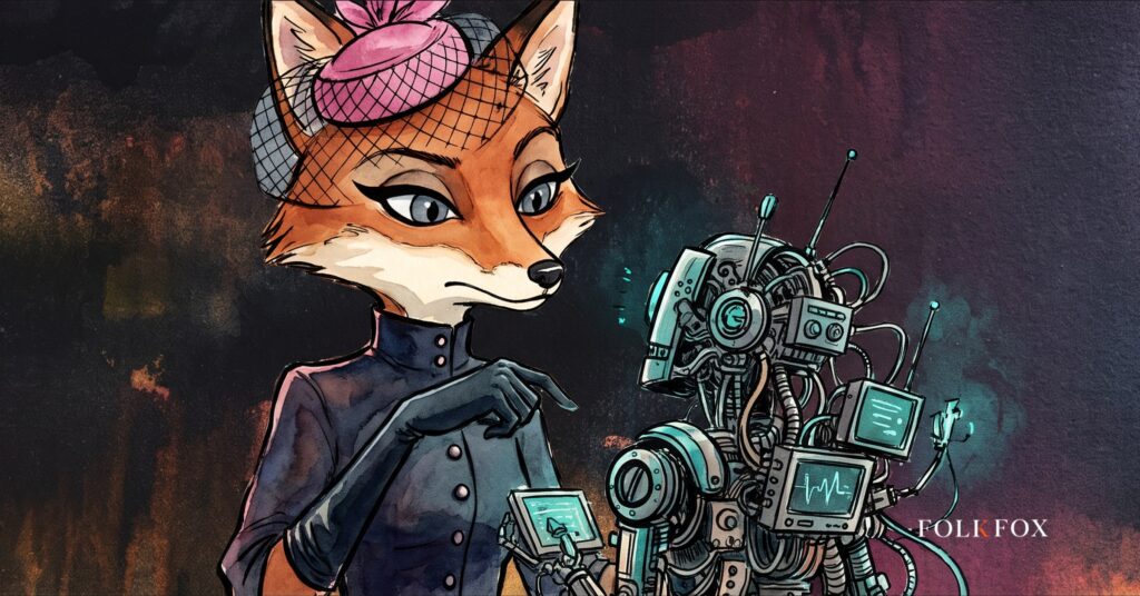 A fox on a ridge giving an unimpressed glance to a small toy robot, illustrating ai malware analysis and the gap between AI-branded malware and real attacks