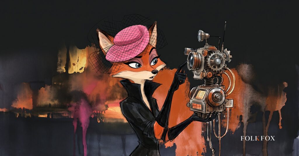 An ink-drawn fox in a folkfox forest beside a robot, illustrating ai max for search.
