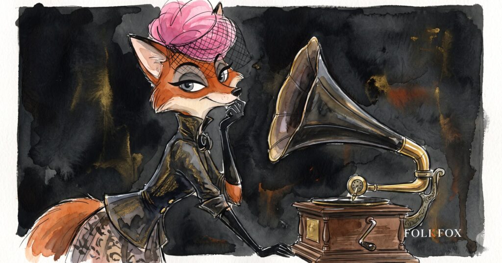 An ink-drawn fox listening to a tuning fork beside a gramophone, illustrating ai music artists tested for a human note by the aria charts