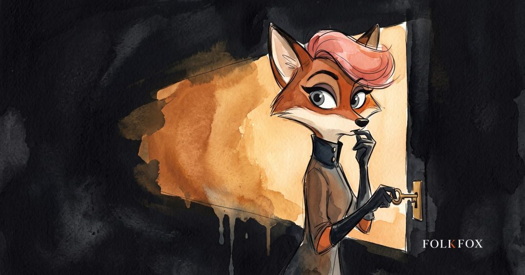 An ink-drawn fox in a folkfox forest beside a coins, illustrating ai overviews.