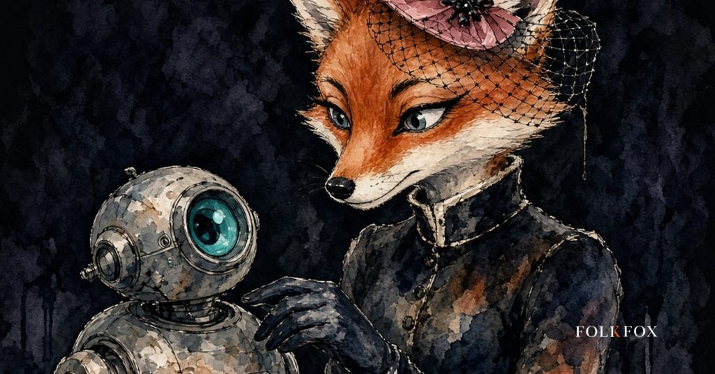 An ink-drawn fox in a folkfox forest beside a robot, illustrating ai penetration testing.