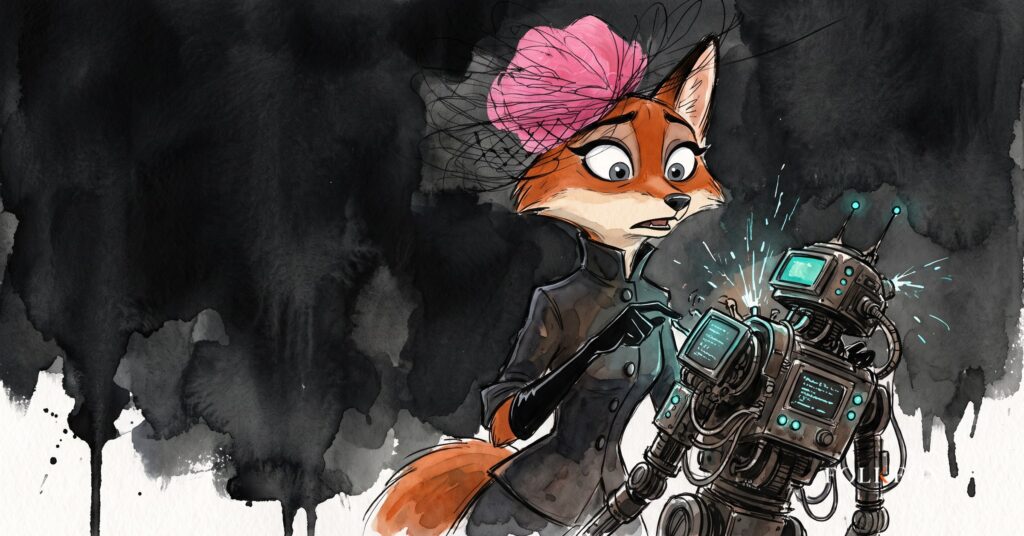 An ink-drawn fox in a folkfox forest beside a robot, illustrating ai security testing.