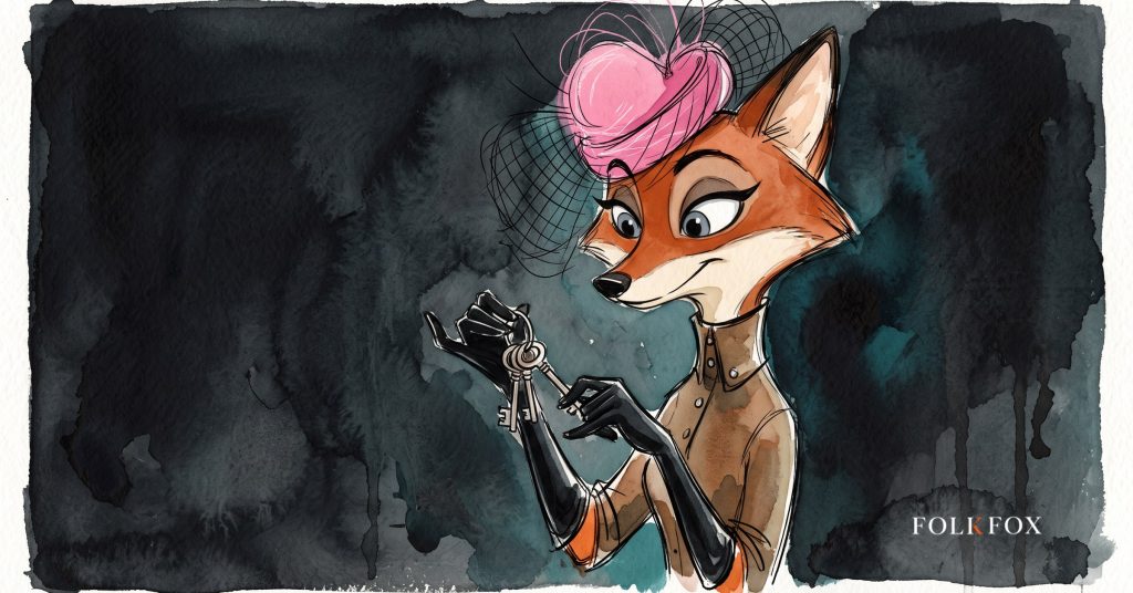 An ink-drawn fox in a folkfox forest beside a keys, illustrating ai security testing.