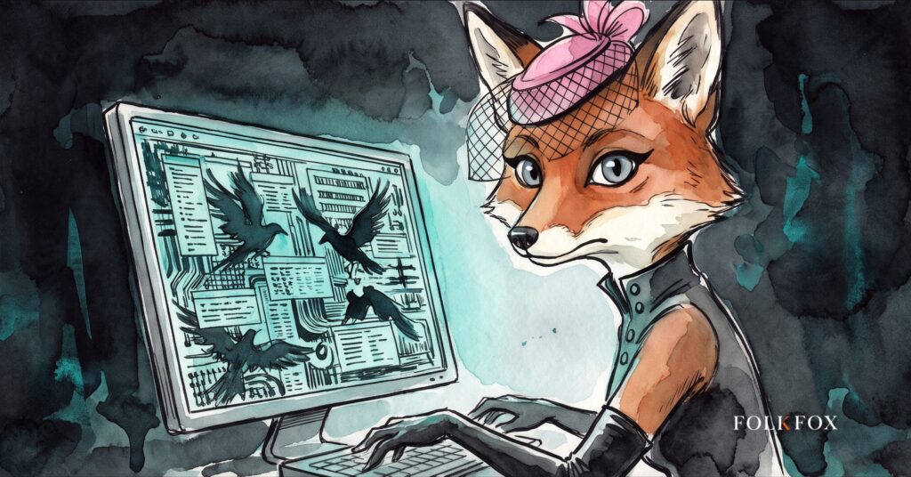 ai supply chain security, a fox studying a screen of code where familiar names hide unfamiliar sources