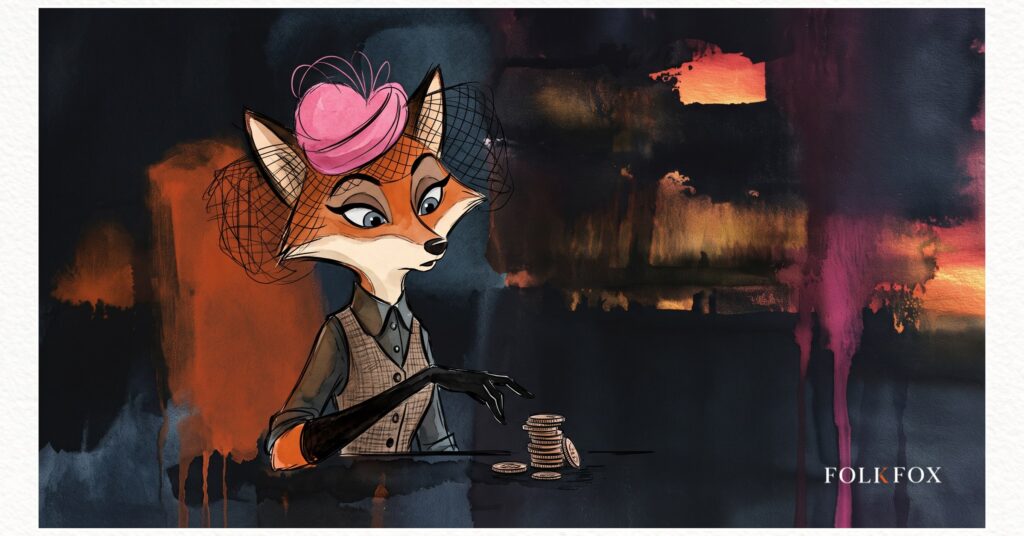 An ink-drawn fox in a folkfox forest beside a coins, illustrating ai travel planning.