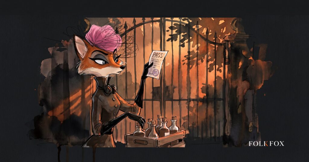 alcohol advertising resets at the gate: an ink-drawn fox watching a closed wooden gate with a fresh notice pinned to it