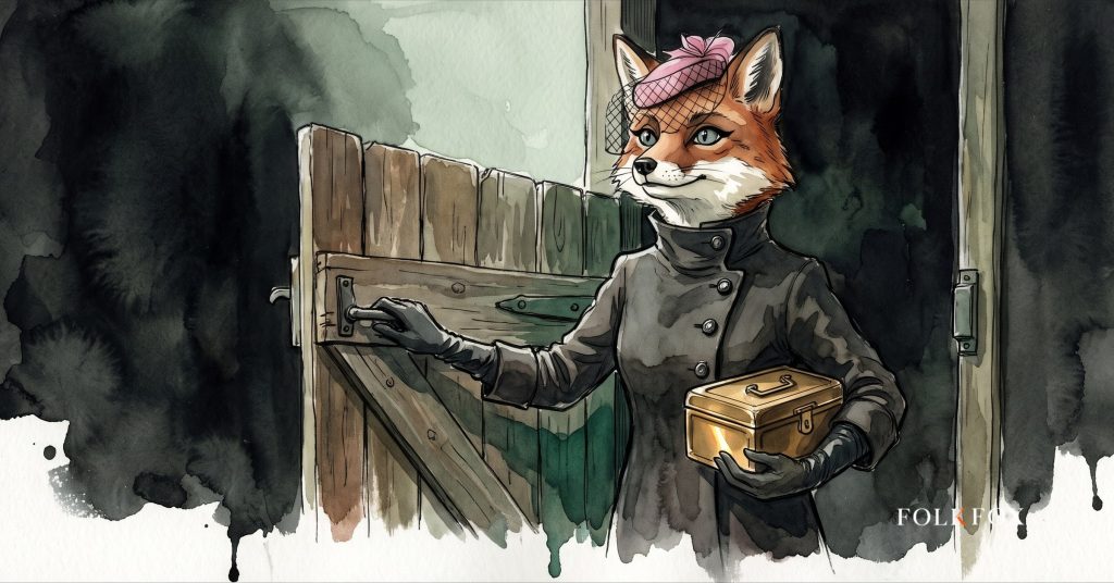 An ink-drawn fox stands in a newly opened gate holding a small brass till, an alternative app stores scene about who collects at the door.