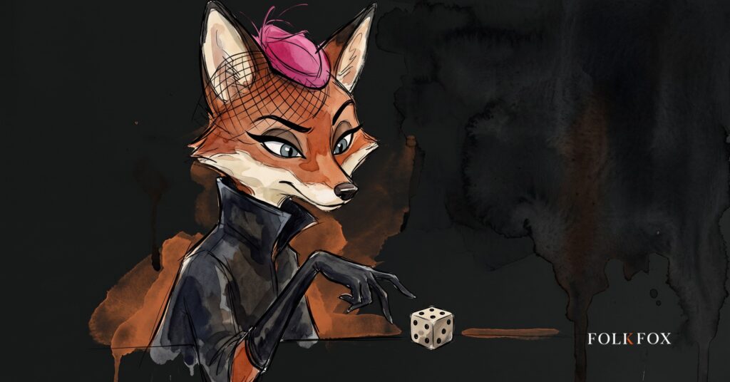 An ink-drawn fox in a folkfox forest beside a dice, illustrating american odds format.