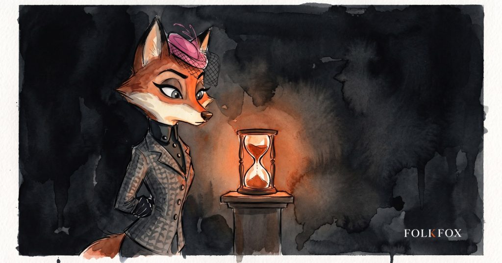 An ink-drawn fox in a folkfox forest beside a sieve, illustrating app marketing.