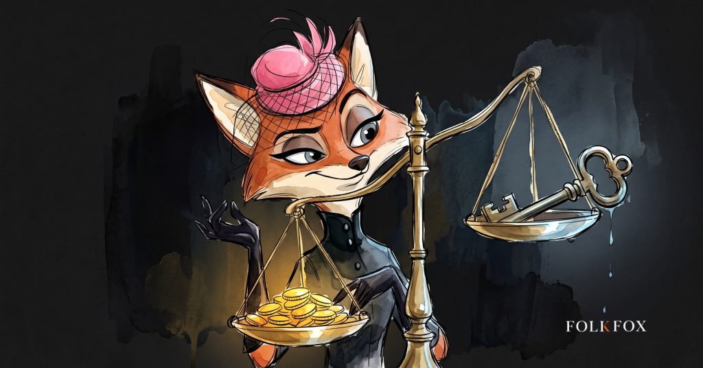 An ink-drawn fox in a folkfox forest beside a gavel, illustrating app monetisation.