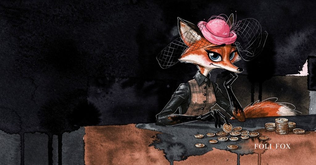 An ink-drawn fox in a folkfox forest beside a coins, illustrating app store fees.