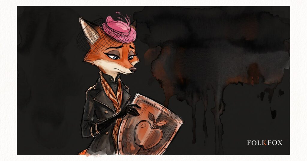 An ink-drawn fox in a folkfox forest beside a shield, illustrating app tracking transparency.