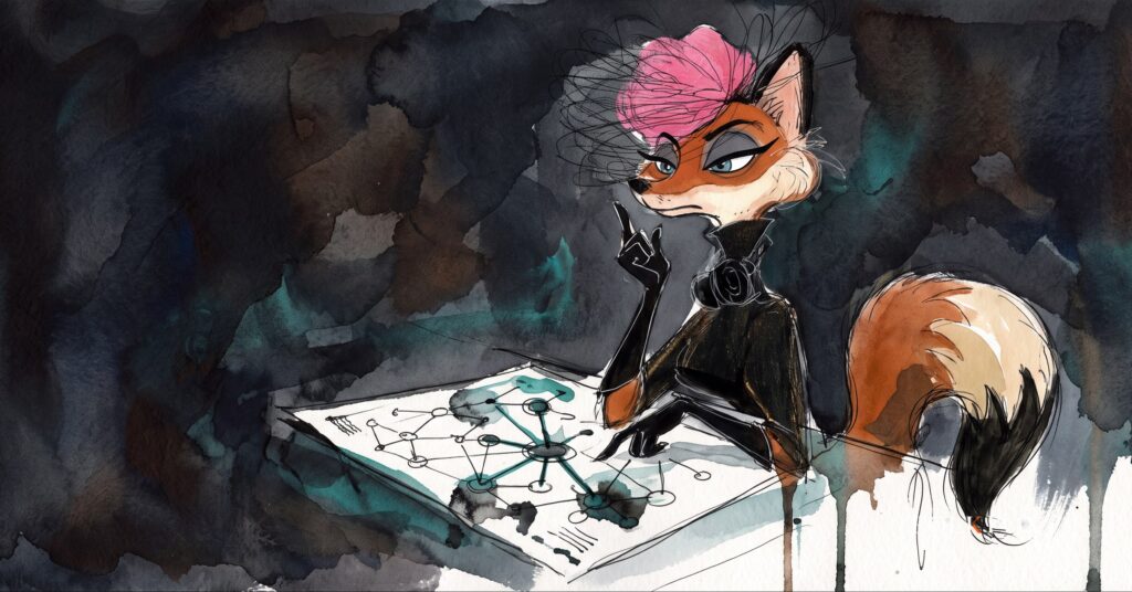 A fox studying a scoreboard by shuttered lamplight, illustrating automated penetration testing measured against a human benchmark