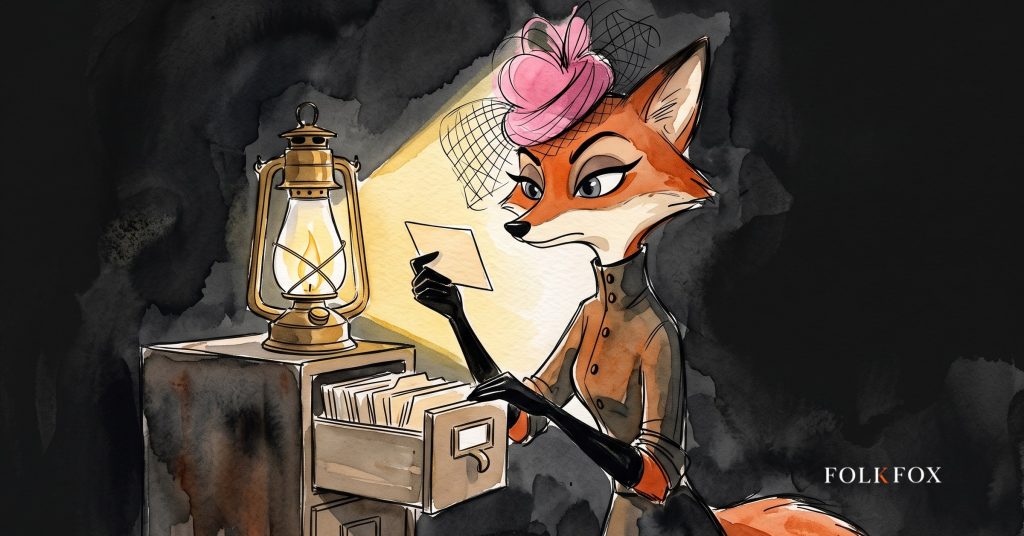 An ink-drawn fox in a folkfox forest beside a gavel, illustrating b2b contact data.