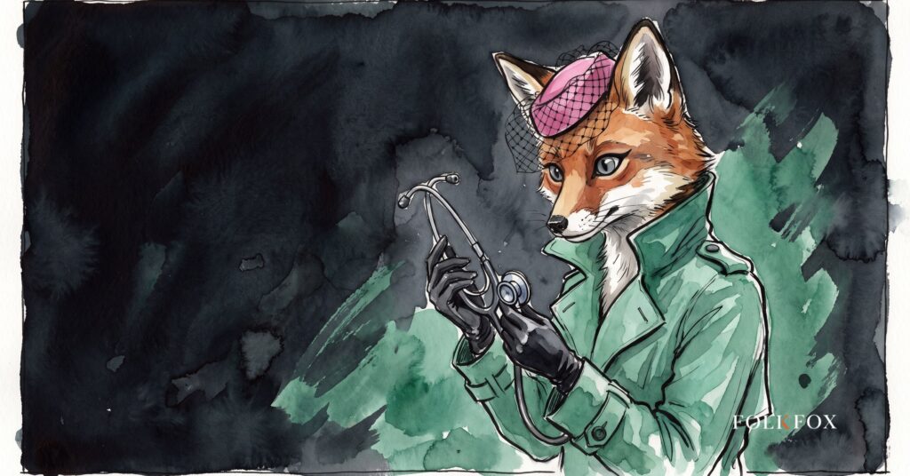 An ink-drawn fox listens to a laptop with a stethoscope for data leaving unseen, best healthcare marketing agency