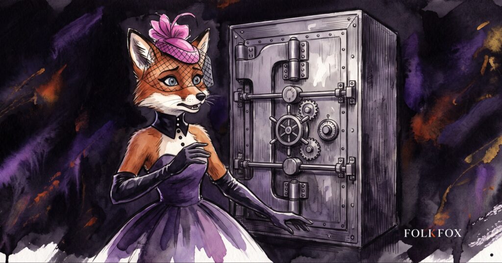 An ink-drawn fox in a folkfox forest beside a vault, illustrating blockchain marketing agency.