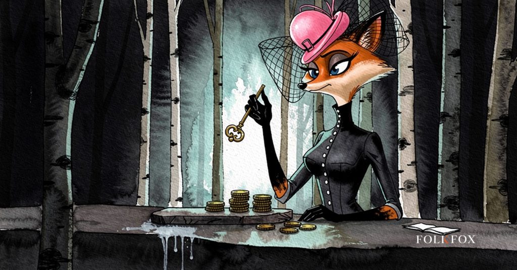 An ink-drawn fox weighing a small brass key against a stack of coins in a birch wood, illustrating BNPL regulation and the new membership tiers