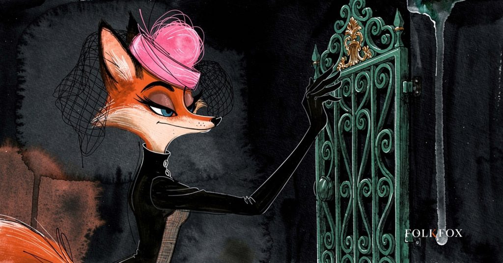 An ink-drawn fox in a folkfox forest beside a gate, illustrating brand safety advertising.
