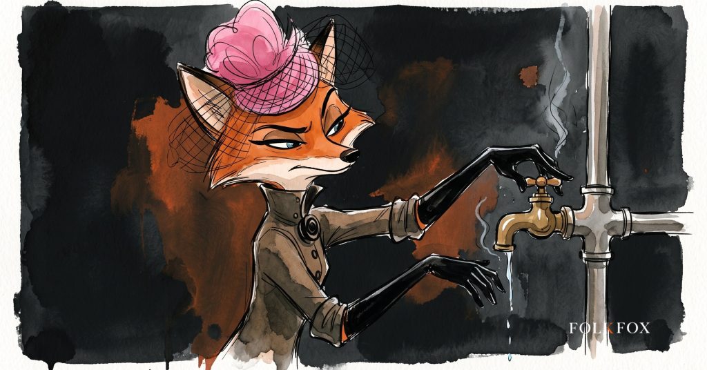 An ink-drawn fox in a folkfox forest beside a shield, illustrating chatgpt ads.