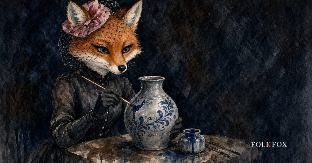 The folkfox vixen in Germany, the folkfox mascot glazing Westerwald stoneware in a regional ceramics workshop, illustrating chatgpt werbung schalten.