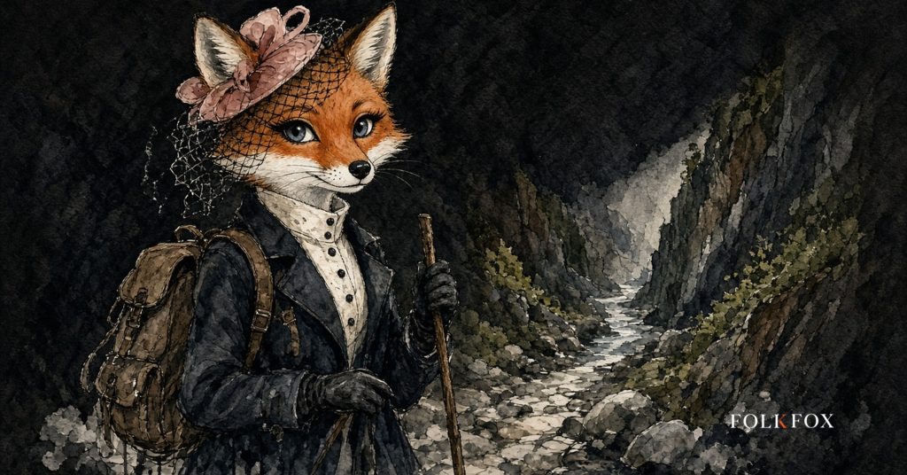 The folkfox vixen in Greece, a folkfox fox on a river-stone trail near Panta Vrechi Gorge with hiking gear, kept at a respectful wildlife distance, illustrating διαφημίσεις chatgpt.