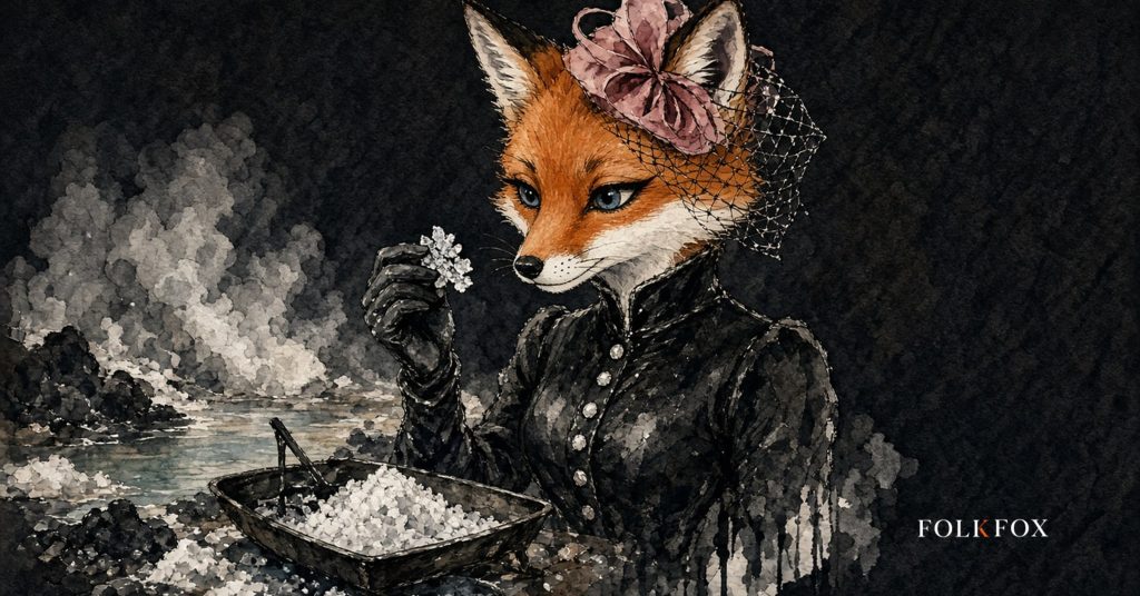 The folkfox vixen in Iceland, the folkfox mascot examining flakes during geothermal sea-salt harvesting, avoiding generic waterfalls, illustrating chatgpt auglýsingar.