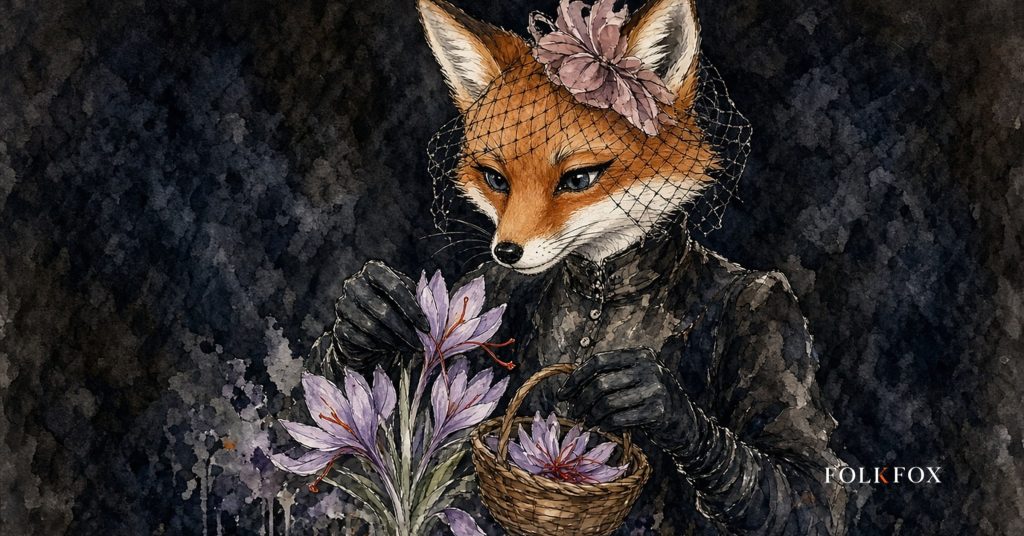 The folkfox vixen in Italy, a folkfox fox carefully harvesting saffron flowers near Navelli in Abruzzo, with no generic Rome imagery, illustrating pubblicità chatgpt.