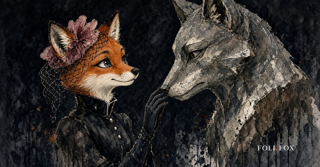 The folkfox vixen in Latvia, the folkfox mascot interacting respectfully with Lastādija's giant fox sculpture in Riga, illustrating chatgpt reklāmas.