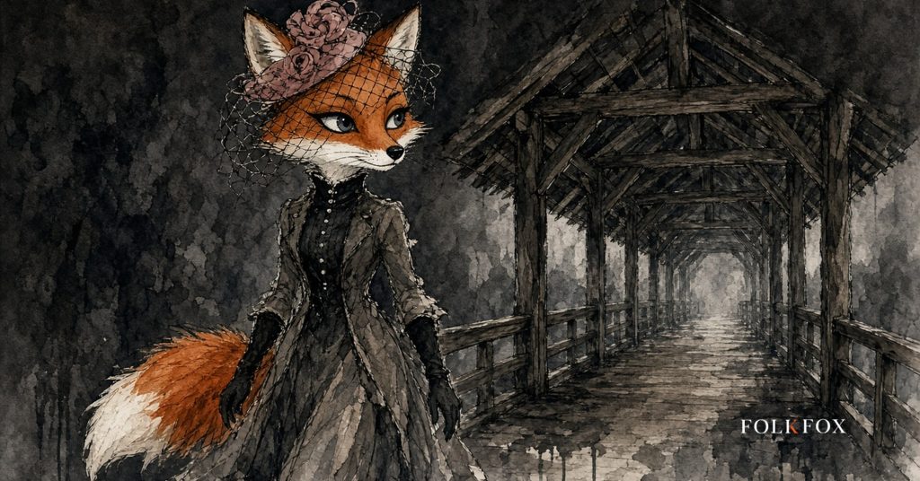 The folkfox vixen in Liechtenstein, the folkfox mascot crossing the covered wooden Old Rhine Bridge between Vaduz and Sevelen, illustrating chatgpt werbung liechtenstein.