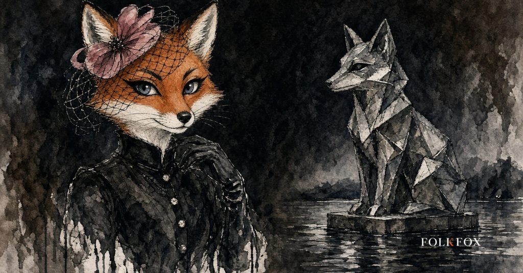 The folkfox vixen in Lithuania, the folkfox mascot beside the Iron Fox sculpture on Lake Talkša in Šiauliai, illustrating chatgpt reklama.
