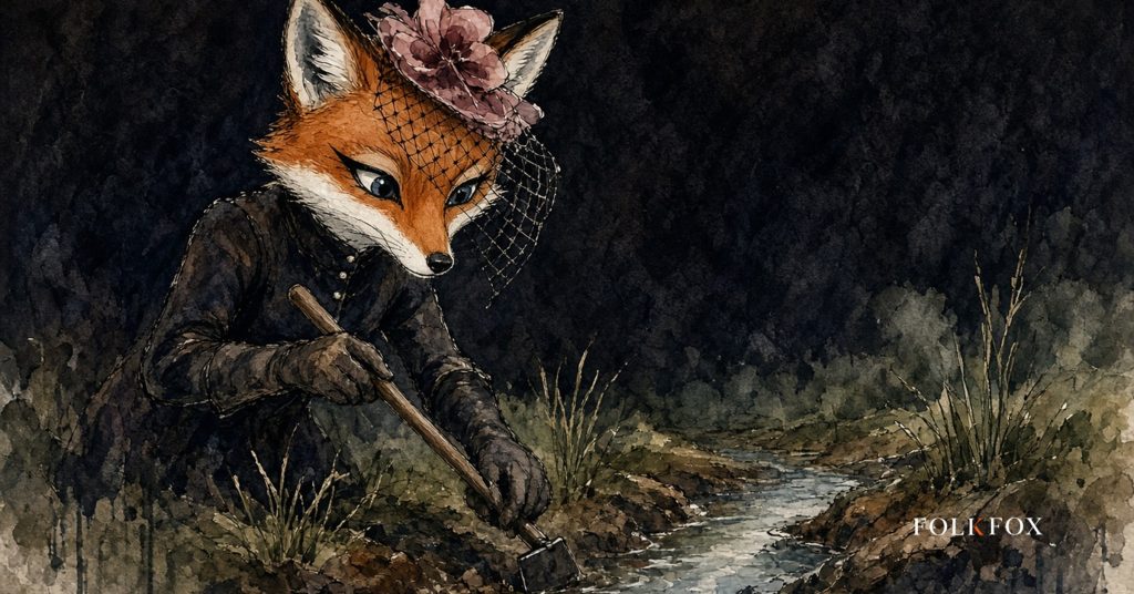The folkfox vixen in Luxembourg, the folkfox mascot opening a small Fléizen irrigation channel across an Ösling meadow, illustrating publicité chatgpt.