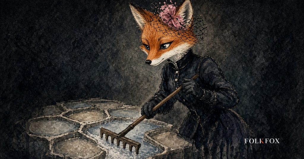 The folkfox vixen in Malta, a folkfox fox using a small wooden rake beside the geometric salt pans at Salina, linked to traditional salt harvesting, illustrating chatgpt ads malta.