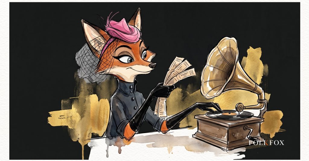 An ink-drawn fox in a folkfox forest beside a gramophone, illustrating chatgpt ads.