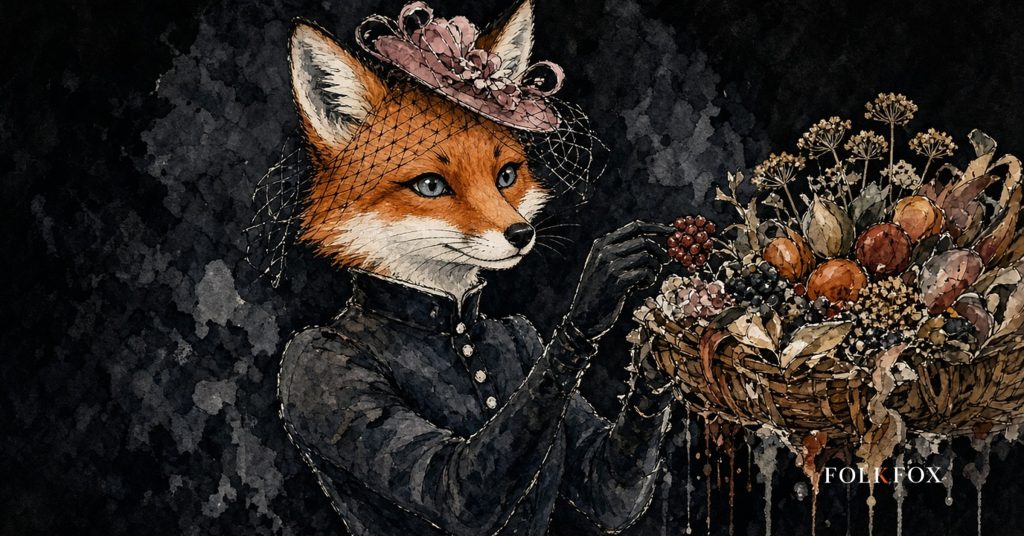 The folkfox vixen in Netherlands, the folkfox mascot attaching fruit and seed details to a local corso parade float, avoiding tulip-field imagery, illustrating chatgpt advertenties.
