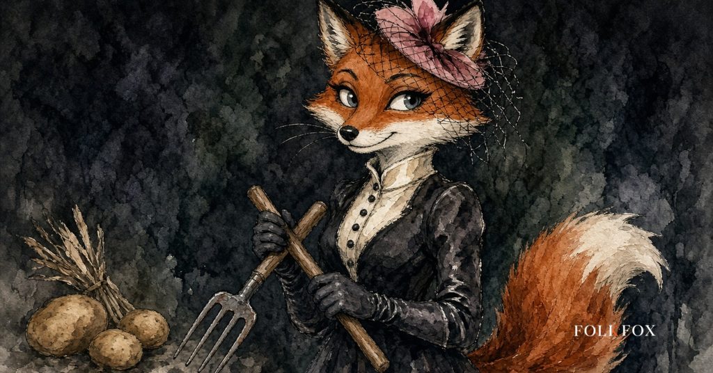 The folkfox vixen in Norway, the folkfox mascot preparing for the Potato Festival potato-fork throwing competition, framed playfully but respectfully, illustrating chatgpt annonser.