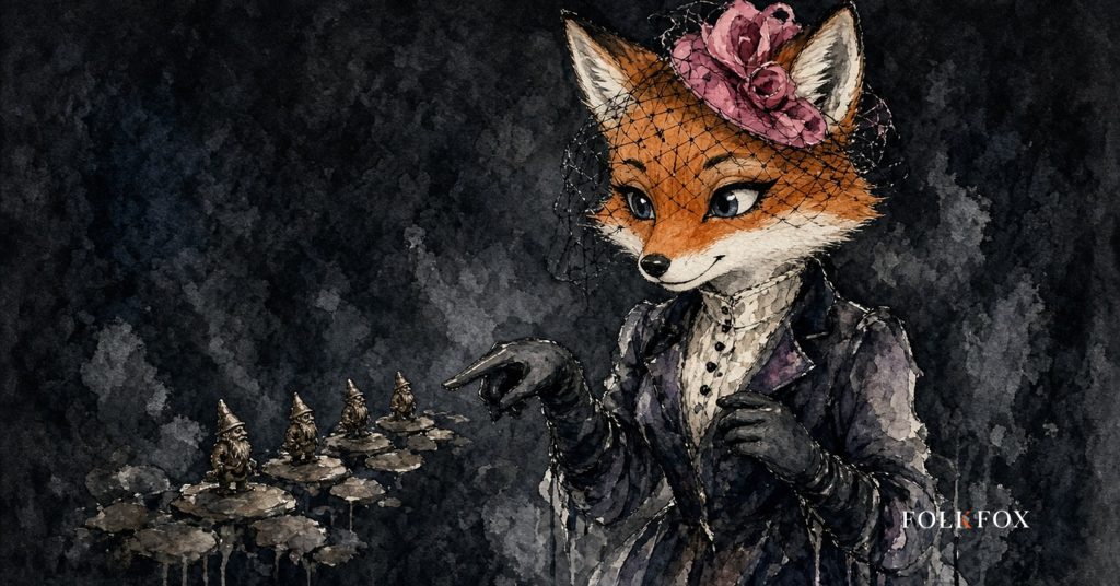 The folkfox vixen in Poland, a clearly visible folkfox mascot following the Wrocław dwarf trail, using the small urban sculptures as an unexpected local wayfinding motif, illustrating reklamy w chatgpt.