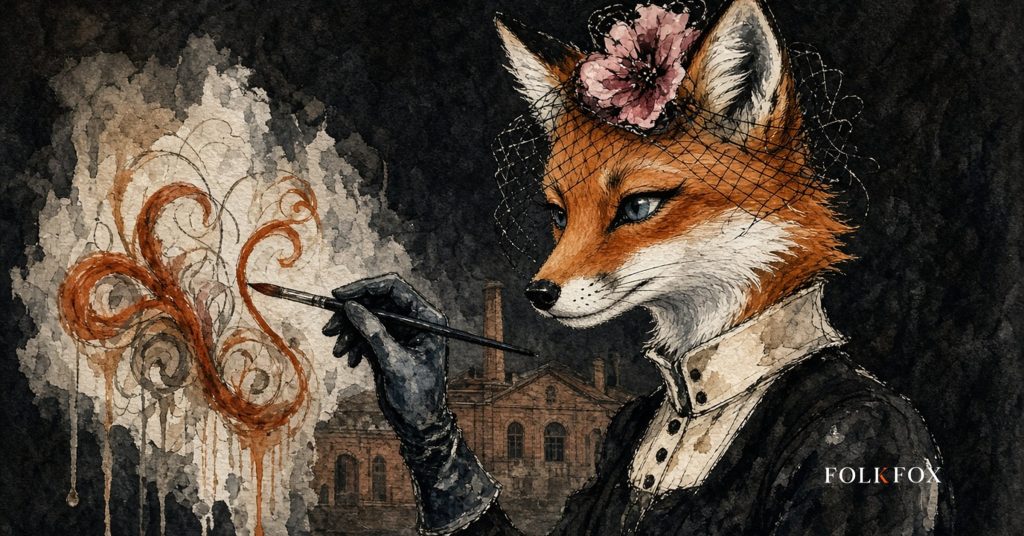 The folkfox vixen in Portugal, the folkfox mascot painting a small mural at Covilhã's Wool urban-art festival beside former textile architecture, illustrating publicidade chatgpt.