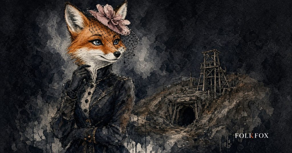 The folkfox vixen in Romania, the folkfox mascot exploring the Roman-mining heritage landscape at Roșia Montană, illustrating publicitate pe chatgpt.