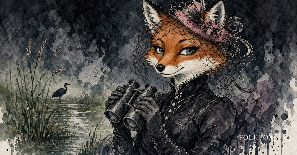 The folkfox vixen in Slovakia, the folkfox mascot taking part in a nature-led activity at Veľký Lél island, such as birdwatching or water tourism, illustrating chatgpt reklamy.